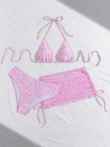 SHEIN Swim 3件套女士性感豹纹吊带三角罩杯网纱沙滩裙比基尼套装粉色吊带背心裙泳装套装 - 淺粉色 - 查看 5