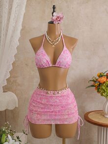 SHEIN Swim 3件套女士性感豹纹吊带三角罩杯网纱沙滩裙比基尼套装粉色吊带背心裙泳装套装 - 淺粉色 - 查看 2