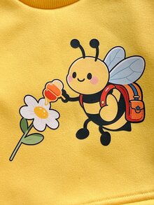 SHEIN 2件組幼女運動衫+長褲套裝，可愛黃藍色蜜蜂花朵雛菊印花，長袖套頭衫，生日派對秋季大姐姐款 - 彩色 - 查看 8