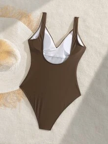 SHEIN Swim 女款休閒拼接抓皺修身優雅露背連身泳衣，適合運動與海灘 - 彩色 - 查看 6