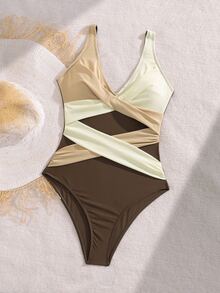 SHEIN Swim 女款休閒拼接抓皺修身優雅露背連身泳衣，適合運動與海灘 - 彩色 - 查看 7