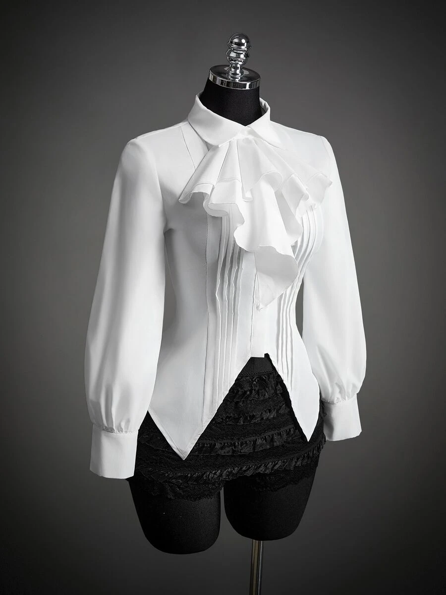 SHEIN ICON Ruffle Trim Pleated Detail Shirt - White - View 1