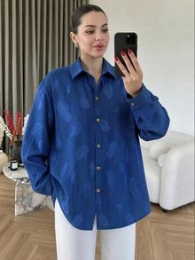 Lacomfia Plus Size Women's Long Sleeve Blouse, Novel Jacquard Fabric, Denim Effect Color, Paisley Floral Pattern - Royal Blue - View 4