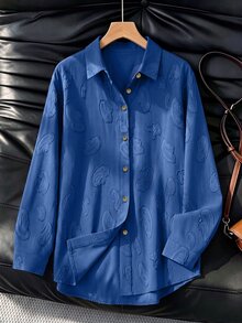 Lacomfia Plus Size Women's Long Sleeve Blouse, Novel Jacquard Fabric, Denim Effect Color, Paisley Floral Pattern - Royal Blue - View 1