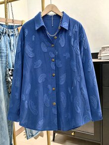 Lacomfia Plus Size Women's Long Sleeve Blouse, Novel Jacquard Fabric, Denim Effect Color, Paisley Floral Pattern - Royal Blue - View 3