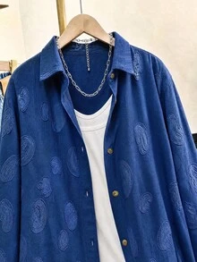 Lacomfia Plus Size Women's Long Sleeve Blouse, Novel Jacquard Fabric, Denim Effect Color, Paisley Floral Pattern - Royal Blue - View 5