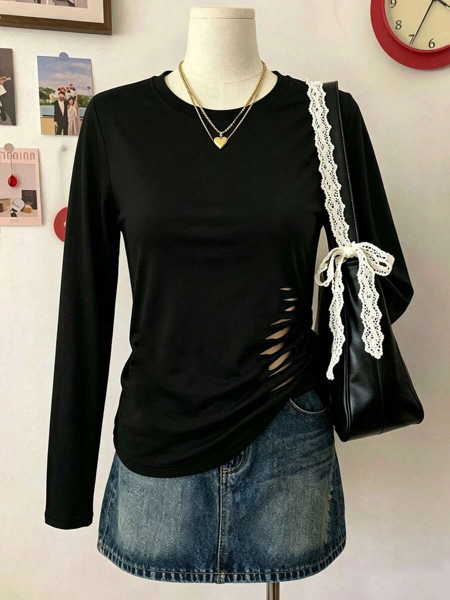 Lalippa 女款圓領長袖破洞街頭風百搭T恤 - 黑色 - 查看 1