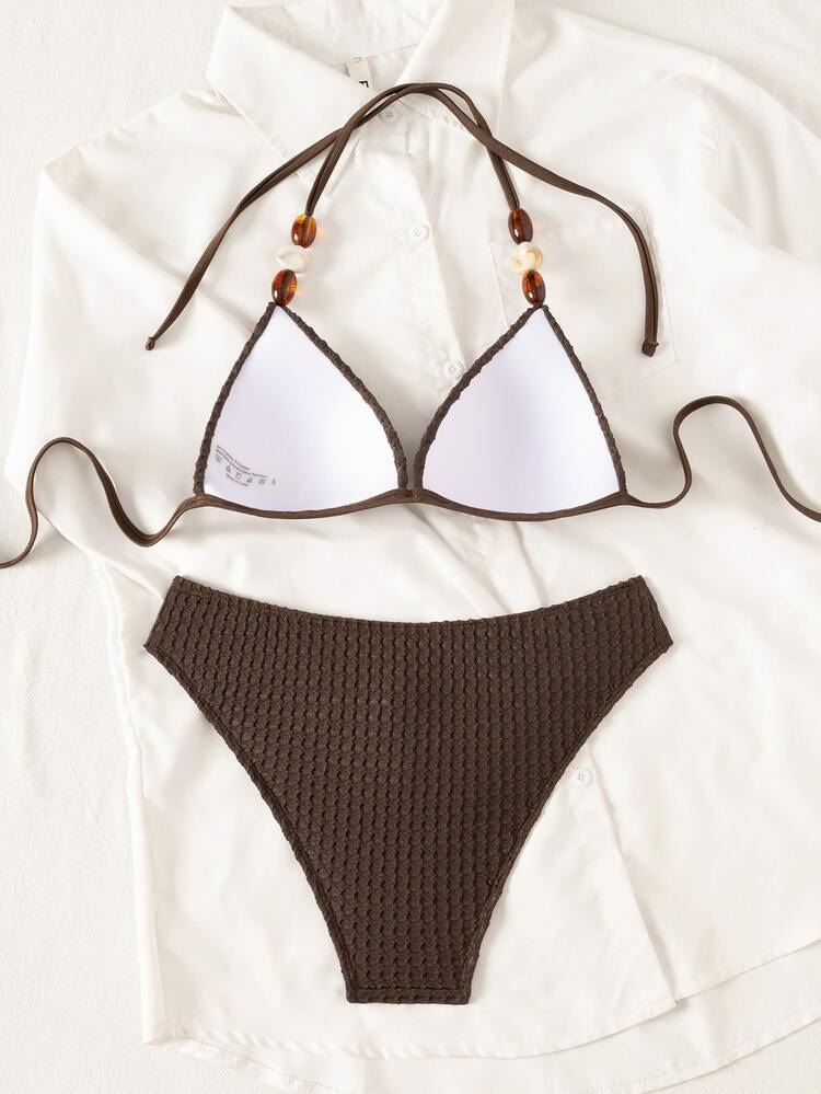 Bikini de dos piezas Swim Vcay-D para mujer, unicolor, tirantes finos, decoración de perlas, espalda con lazo, triángulo - Café integral - Añade 2
