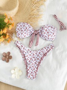 Swim Mod 女款 2 件式比基尼泳衣套裝，極簡優雅休閒度假百搭多功能碎花與格紋拼接可正反穿著平口露背比基尼上衣，中心綁帶蝴蝶結對比色高衩泳褲，修身泳衣，適合海灘、海邊、戶外、派對、春假、秋季返校、啤酒節、音樂節、假期、春季促銷、海灘氛圍、度假穿搭、情人節、新年、嘉年華、母親節 - 彩色 - 查看 6