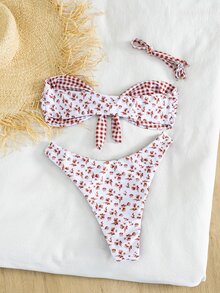 Swim Mod 女款 2 件式比基尼泳衣套裝，極簡優雅休閒度假百搭多功能碎花與格紋拼接可正反穿著平口露背比基尼上衣，中心綁帶蝴蝶結對比色高衩泳褲，修身泳衣，適合海灘、海邊、戶外、派對、春假、秋季返校、啤酒節、音樂節、假期、春季促銷、海灘氛圍、度假穿搭、情人節、新年、嘉年華、母親節 - 彩色 - 查看 2