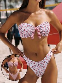Swim Mod 女款 2 件式比基尼泳衣套裝，極簡優雅休閒度假百搭多功能碎花與格紋拼接可正反穿著平口露背比基尼上衣，中心綁帶蝴蝶結對比色高衩泳褲，修身泳衣，適合海灘、海邊、戶外、派對、春假、秋季返校、啤酒節、音樂節、假期、春季促銷、海灘氛圍、度假穿搭、情人節、新年、嘉年華、母親節 - 彩色 - 查看 3