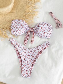 Swim Mod 女款 2 件式比基尼泳衣套裝，極簡優雅休閒度假百搭多功能碎花與格紋拼接可正反穿著平口露背比基尼上衣，中心綁帶蝴蝶結對比色高衩泳褲，修身泳衣，適合海灘、海邊、戶外、派對、春假、秋季返校、啤酒節、音樂節、假期、春季促銷、海灘氛圍、度假穿搭、情人節、新年、嘉年華、母親節 - 彩色 - 查看 5