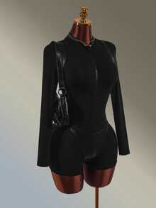 Amplova Women's PU Material Patchwork Sports Romper - Black - View 4