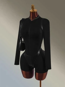 Amplova Women's PU Material Patchwork Sports Romper - Black - View 3