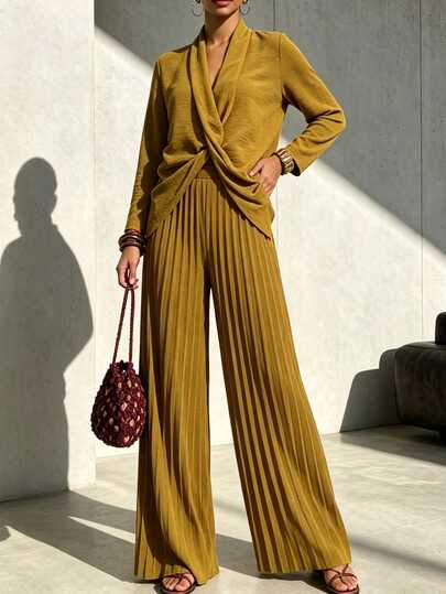 SHEIN Veneréa Setelan Elegan Wanita: Atasan Lengan Panjang Motif Simpul Warna Polos dan Celana Panjang Lebar Berlipit