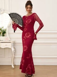 EastFlair Gaun Pesta Elegan Wanita dengan Motif Bunga Bordir Berbentuk Ekor Duyung - Merah - View 5