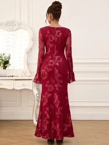 EastFlair Gaun Pesta Elegan Wanita dengan Motif Bunga Bordir Berbentuk Ekor Duyung - Merah - View 8