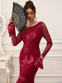 EastFlair Gaun Pesta Elegan Wanita dengan Motif Bunga Bordir Berbentuk Ekor Duyung - Merah - View 3