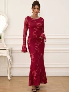 EastFlair Gaun Pesta Elegan Wanita dengan Motif Bunga Bordir Berbentuk Ekor Duyung - Merah - View 7
