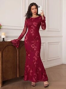 EastFlair Gaun Pesta Elegan Wanita dengan Motif Bunga Bordir Berbentuk Ekor Duyung - Merah - View 2