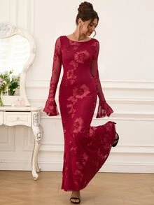 EastFlair Gaun Pesta Elegan Wanita dengan Motif Bunga Bordir Berbentuk Ekor Duyung - Merah - View 4