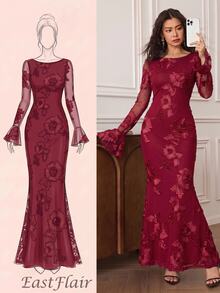 EastFlair Gaun Pesta Elegan Wanita dengan Motif Bunga Bordir Berbentuk Ekor Duyung - Merah - View 1