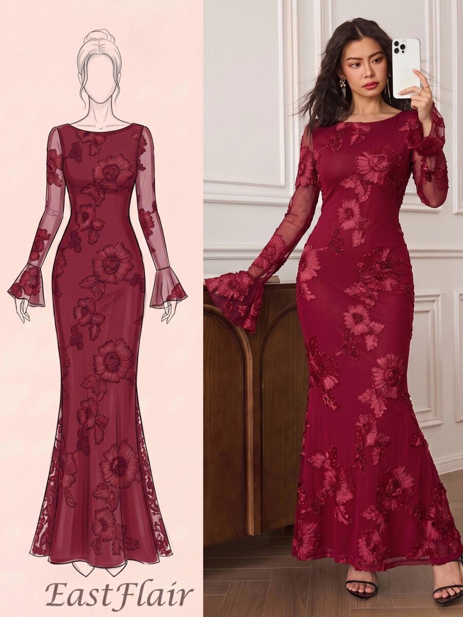 EastFlair Gaun Pesta Elegan Wanita dengan Motif Bunga Bordir Berbentuk Ekor Duyung - Merah - View 1