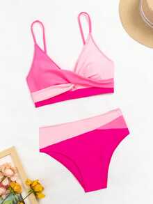 Swim Vcay Conjunto de bikini envolvente con bloque de color para playa de verano - Multicolor - Ver 3