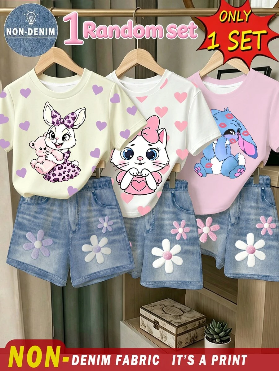 Set Baby Girl T-Shirt And Shorts, Animal Print Floral Print, Cute Family Matching Photoshoot Pastel Yellow Pink Summer - Multicolor - View 1