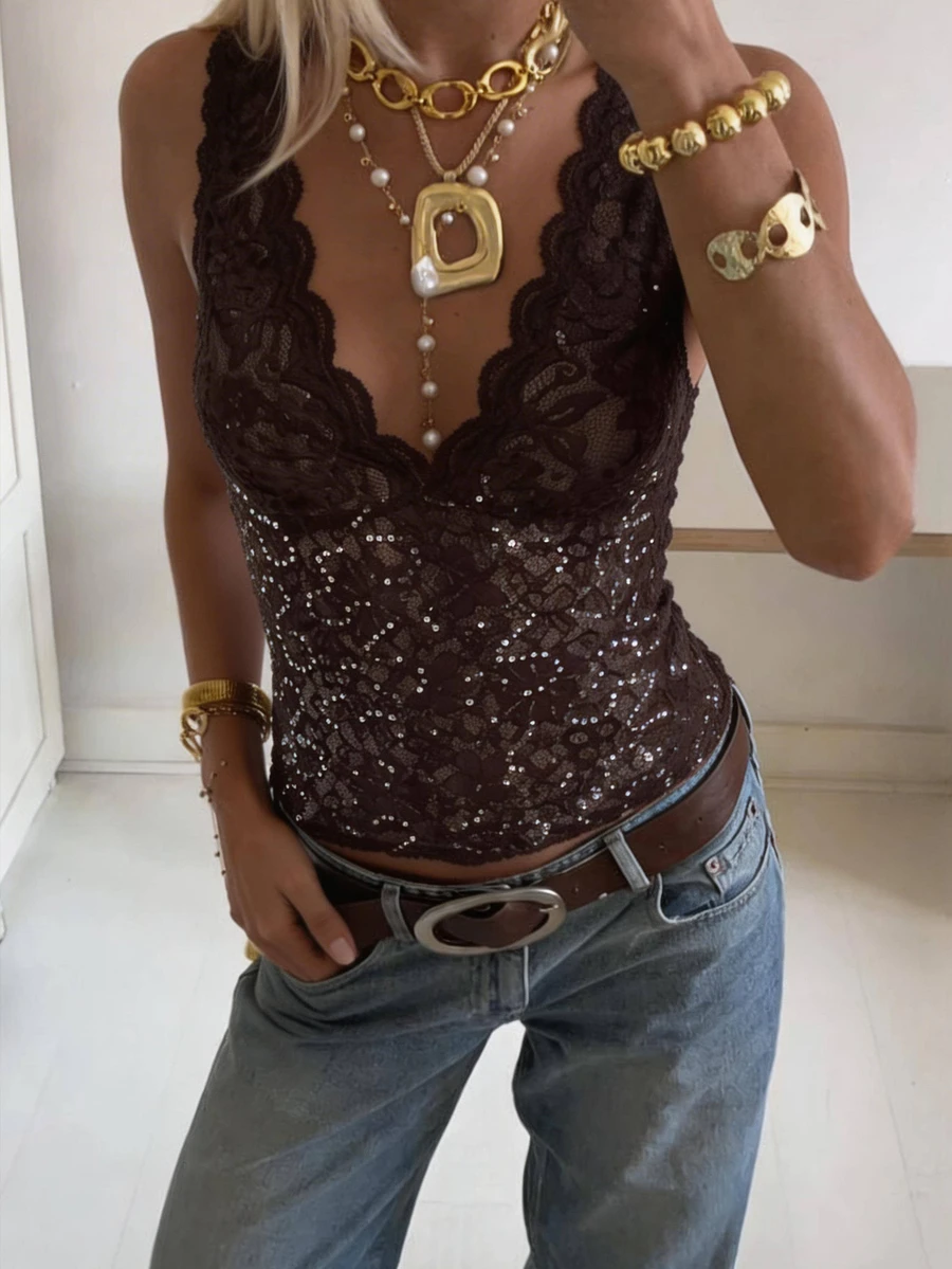 SHEIN BAE Women's Seductive Dark Brown Lace Tank Top , Deep V-Neck Sleeveless Beaded Summer Top, Elegant Night Out Music Festival, Casual Beach Vacation Top - Brown - View 1