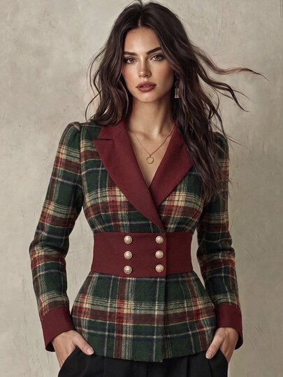 SHEIN Women's Autumn/Winter Blazer, Vintage Plaid Contrast Color Design Versatile Cardigan Jacket, Suitable For Holiday Parties, Christmas/New Year And Other Banquets, Gatherings, Professional Commute Style For Multiple Occasions