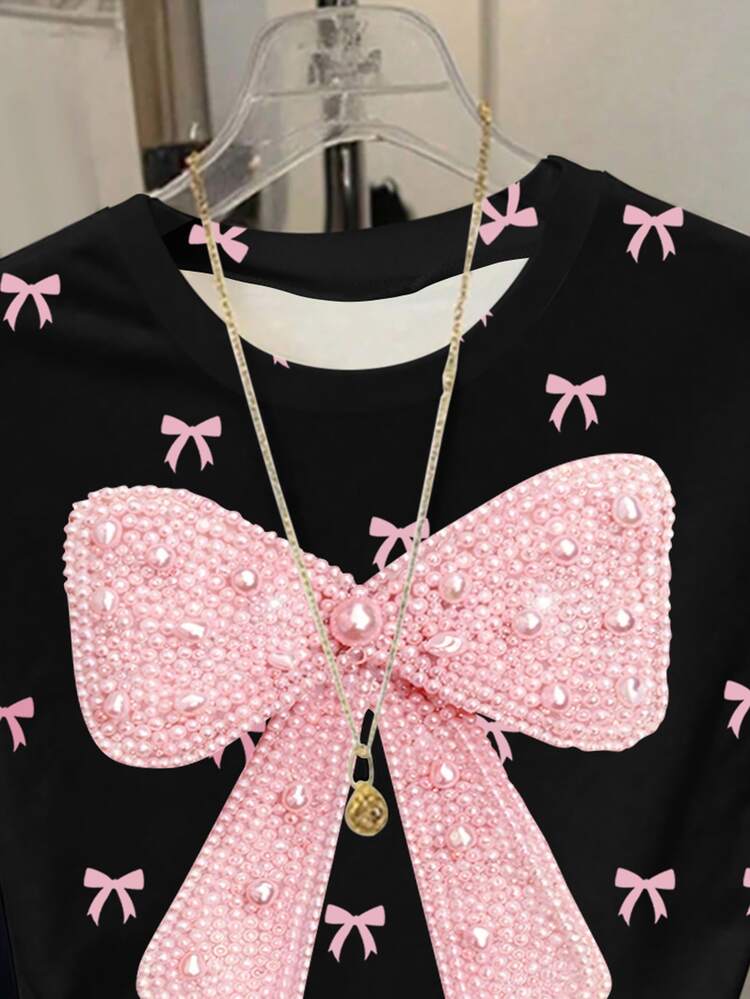 Tween Girls' Casual Chic Sweet Detailed Bow Print Short Sleeve Round Neck T-Shirt, Suitable For Outings, Parties, And Daily Wear, Summer Tops - Multicolor - View 5