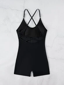 SHEIN Swim 女款海灘健身夏季穿搭 純色交叉露背細肩帶連身泳衣 黑色性感 - 黑色 - 查看 7