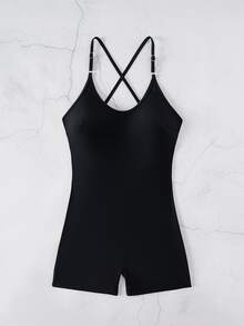 SHEIN Swim 女款海灘健身夏季穿搭 純色交叉露背細肩帶連身泳衣 黑色性感 - 黑色 - 查看 6