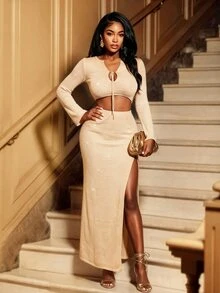 BamGleam Women's Sexy Lace-Up Long Sleeve Sweater And Slit Maxi Skirt 2 Pieces Set Night Out Date Night Camel Autumn - Gold - View 6