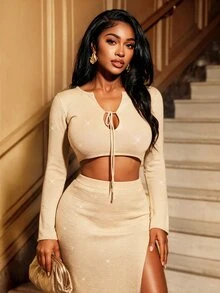 BamGleam Women's Sexy Lace-Up Long Sleeve Sweater And Slit Maxi Skirt 2 Pieces Set Night Out Date Night Camel Autumn - Gold - View 4