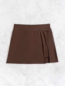 SHEIN Swim 女士优雅海滩纯色开叉短裙、泳裤 - 咖啡棕 - 查看 5