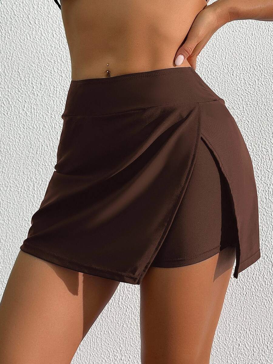 SHEIN Swim 女士优雅海滩纯色开叉短裙、泳裤 - 咖啡棕 - 查看 1