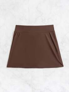 SHEIN Swim 女士优雅海滩纯色开叉短裙、泳裤 - 咖啡棕 - 查看 4