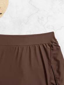 SHEIN Swim 女士优雅海滩纯色开叉短裙、泳裤 - 咖啡棕 - 查看 6