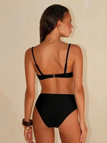 Swim Chiccia Women's Solid Color Spaghetti Strap Beaded Decor Adjustable Underwire Push-Up Back Clasp Triangle Bikini Bottom Front Ruched Two Pieces Swimwear - Black - View 2