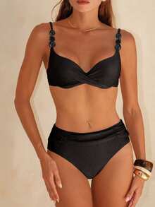Swim Chiccia Women's Solid Color Spaghetti Strap Beaded Decor Adjustable Underwire Push-Up Back Clasp Triangle Bikini Bottom Front Ruched Two Pieces Swimwear - Black - View 7