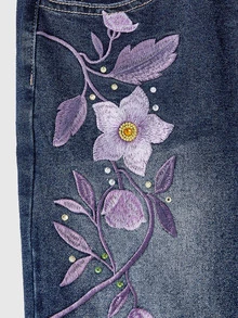 ROMWE Hippie 女款復古花卉刺繡超低腰水洗喇叭牛仔褲 - 藍色 - 查看 3