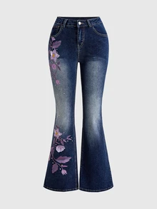 ROMWE Hippie 女款復古花卉刺繡超低腰水洗喇叭牛仔褲 - 藍色 - 查看 1
