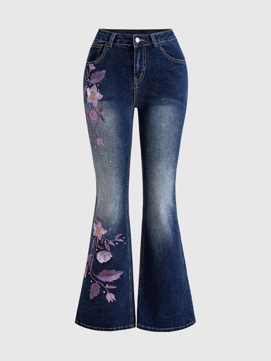 ROMWE Hippie 女款復古花卉刺繡超低腰水洗喇叭牛仔褲 - 藍色 - 查看 1