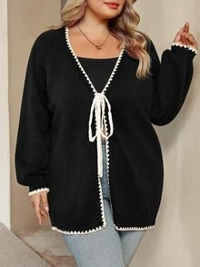 SHEIN CURVE+ Plus Size Women's Colorblock Casual Versatile Daily Wear Cardigan - Black - View 3