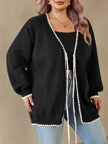 SHEIN CURVE+ Plus Size Women's Colorblock Casual Versatile Daily Wear Cardigan - Black - View 4
