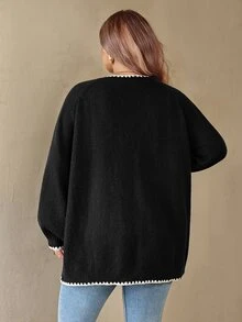 SHEIN CURVE+ Plus Size Women's Colorblock Casual Versatile Daily Wear Cardigan - Black - View 2