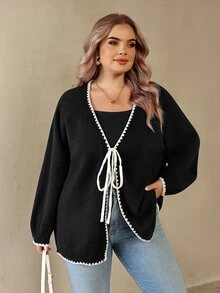 SHEIN CURVE+ Plus Size Women's Colorblock Casual Versatile Daily Wear Cardigan - Black - View 6