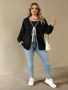 SHEIN CURVE+ Plus Size Women's Colorblock Casual Versatile Daily Wear Cardigan - Black - View 7